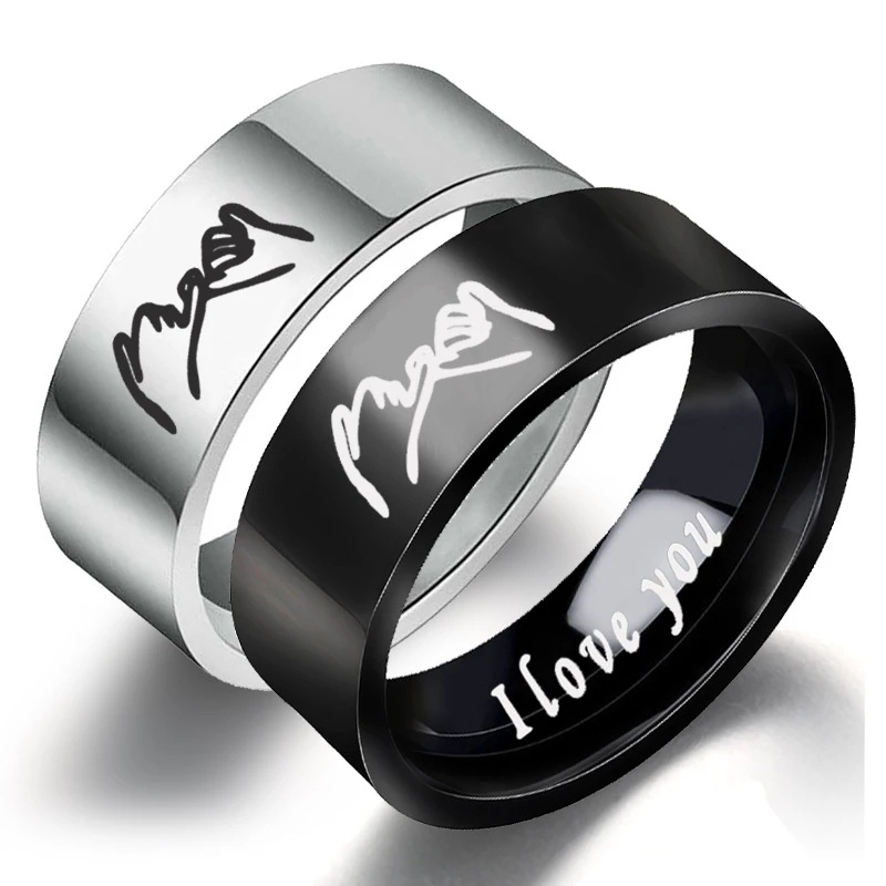 Nhẫn Kim Loại Khắc Chữ I Love You Màu Bạc/Đen Cho Cặp Đôi