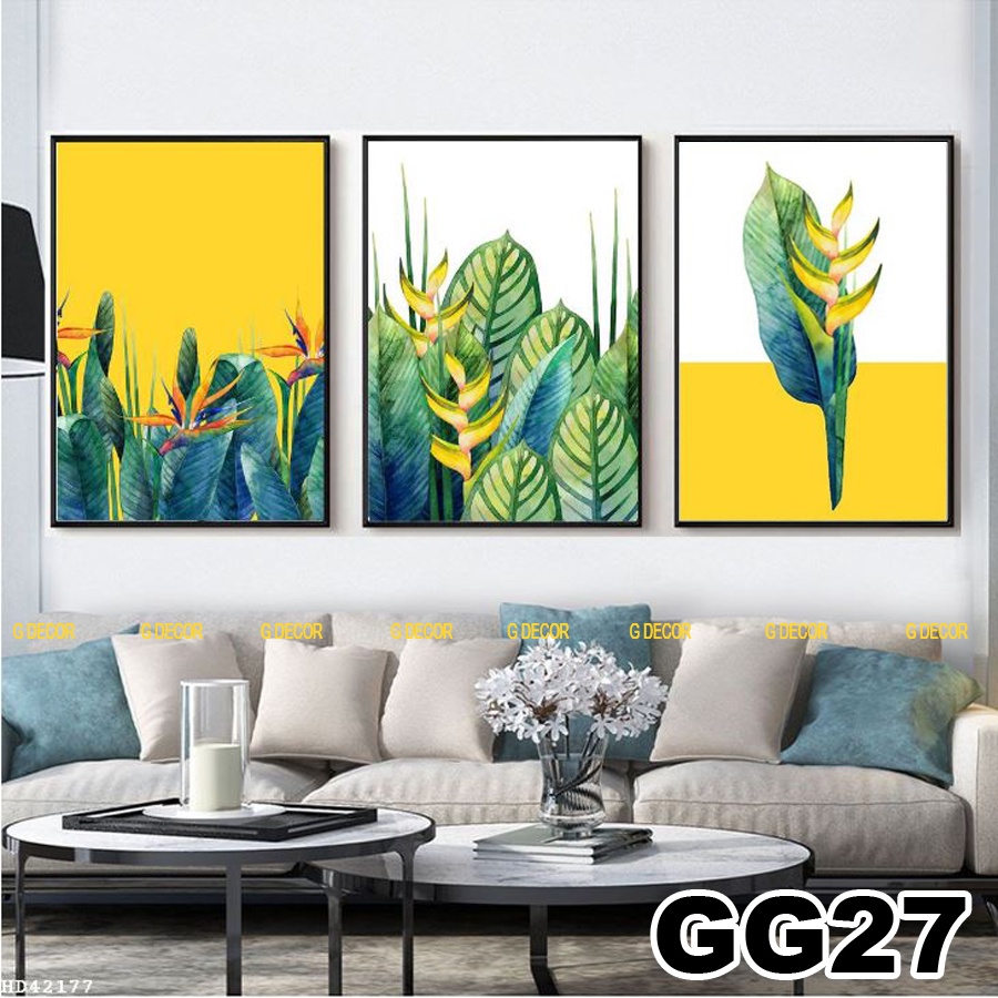 Tranh treo tường canvas 3 bức phong cách hiện đại Bắc Âu 163, tranh hoa lá trang trí phòng khách, phòng ngủ, spa