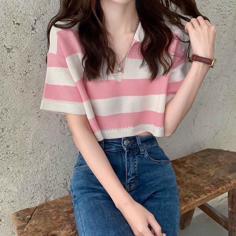 Áo croptop kẻ sọc form rộng nữ chất len mongtogi cổ bẻ hàng Quảng Châu 100% nhiều màu lựa chọn [ảnh shop chụp ở cuối]