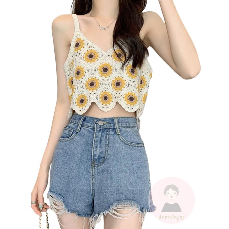 Dre-áo Dệt Kim Không Tay Cổ Chữ V Rỗng Họa Tiết Hoa Hướng Dương Mùa Hè Viền Gợn Sóng Cho Nữ