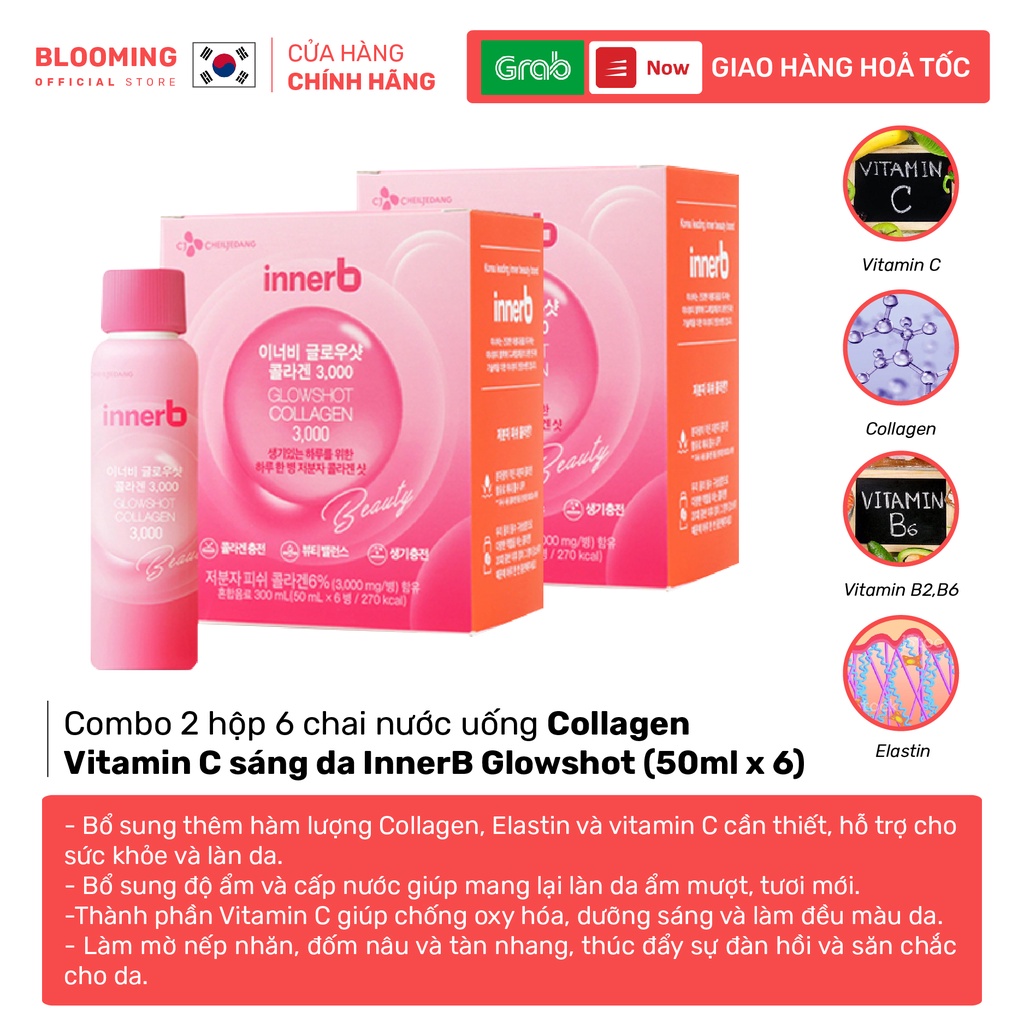 Combo 2 hộp 6 chai nước uống Collagen Vitamin C sáng da InnerB Glowshot (50ml x 6)