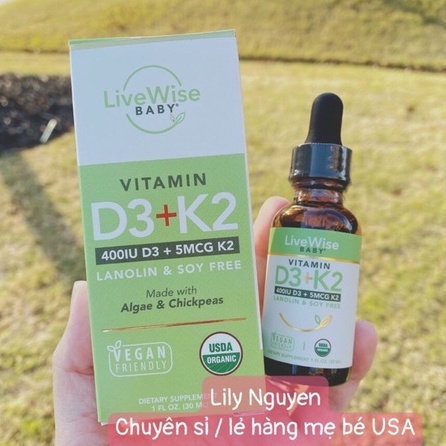 Vitamin D3K2 Livewise hữu cơ cho bé từ sơ sinh BAABEELAND
