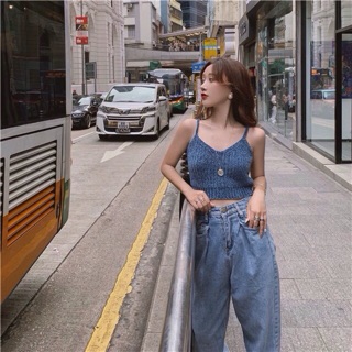 ORDER Set Áo len hai dây & Quần Jeans ống rộng