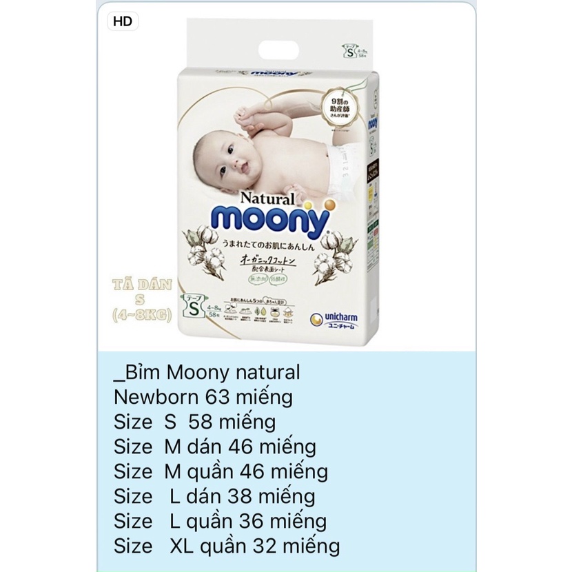 Bỉm Moony Natural Nội Địa Nhật - Chính Hãng - Bỉm Moony Dán/Quần Đủ Size NB63/S58/M48/L36/XL32