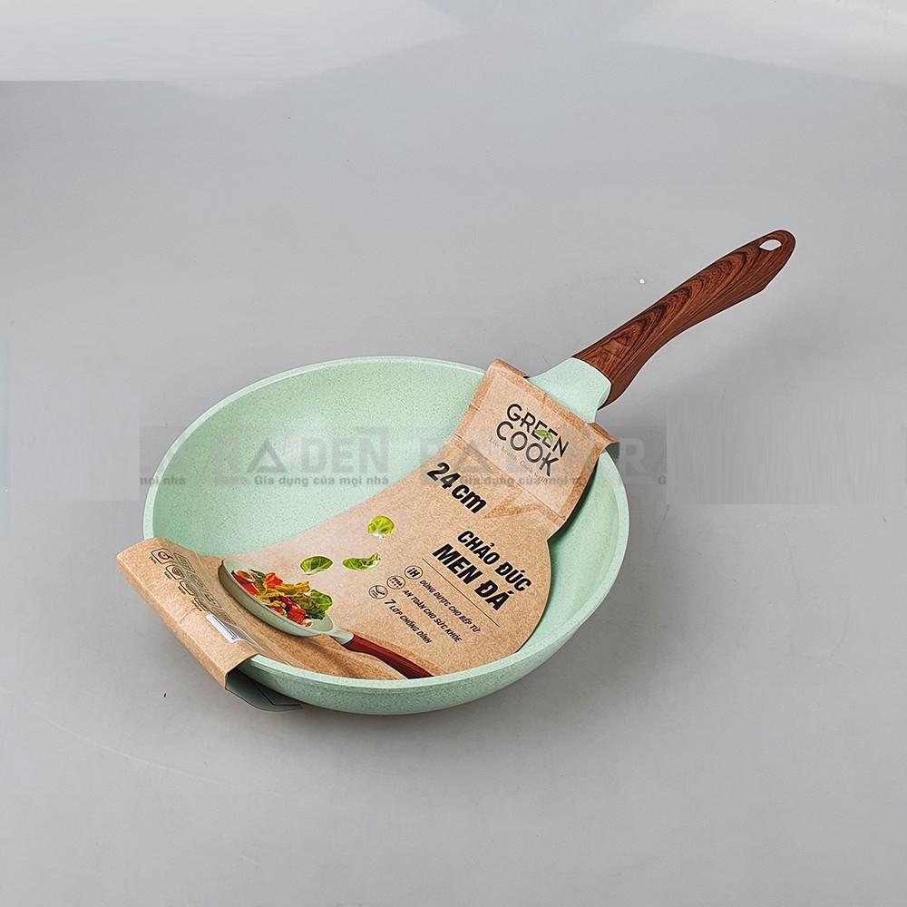 Chảo đúc đáy từ men đá chống dính 7 lớp Greencook GCP06 chịu trầy xước tốt, dùng được tất cả các bếp