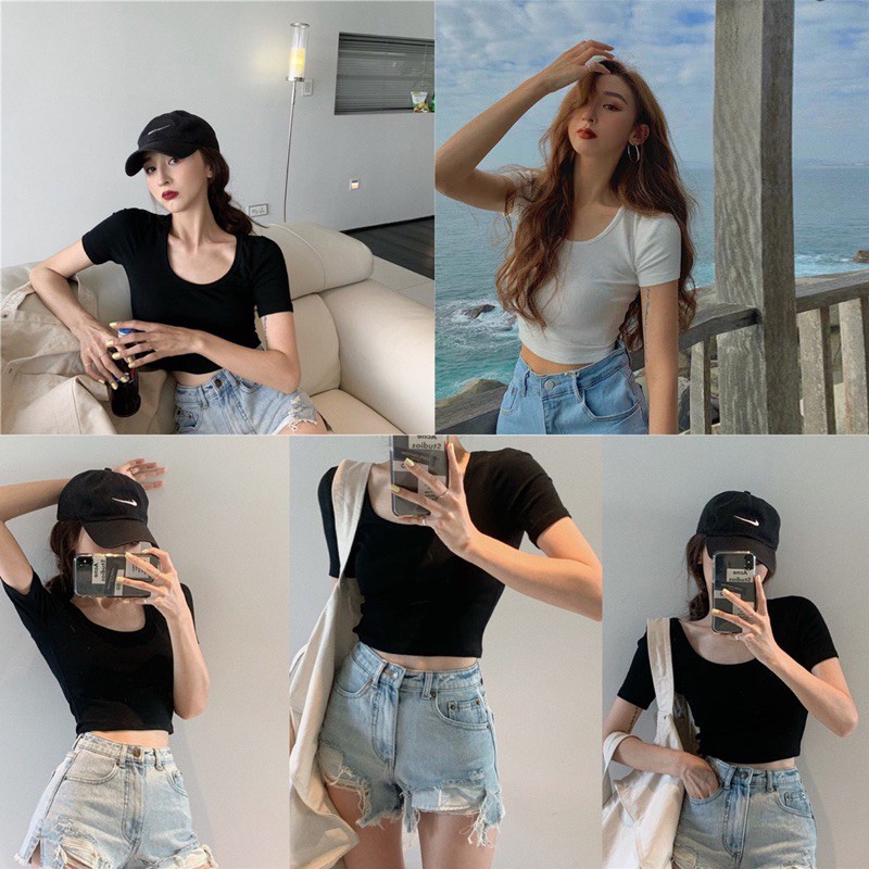 Áo thun croptop nữ cổ vuông Bare ôm body tay ngắn , áo thun nữ cổ vuông tay ngắn dáng ôm - AO0149
