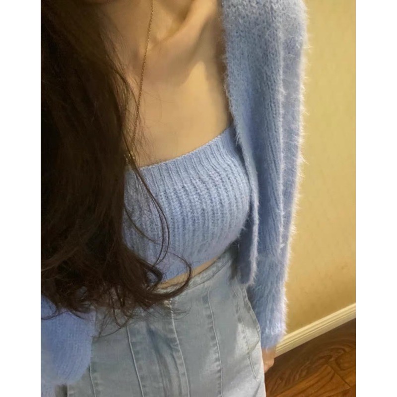 Set áo 2 dây và áo khoác len lông baby blue ( có ảnh thật) Order | BigBuy360 - bigbuy360.vn