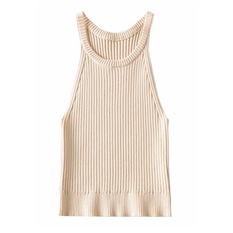 Áo Croptop Dệt Kim Không Tay Cổ Tròn Màu Sắc Đơn Giản Cho Nữ