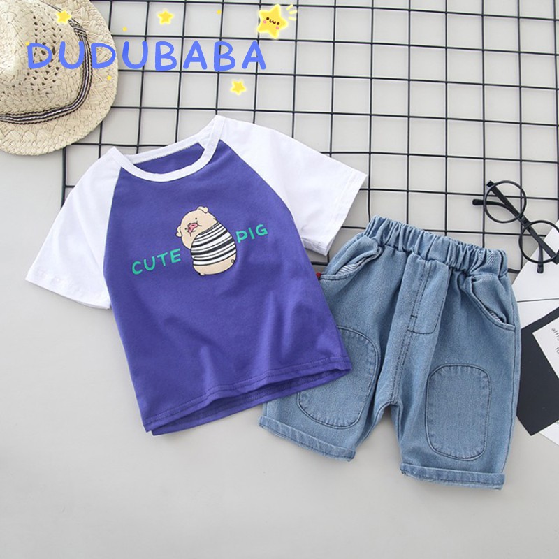 Set áo thun tay ngắn in hình và quần ngắn jeans cho bé trai 1-5 tuổi