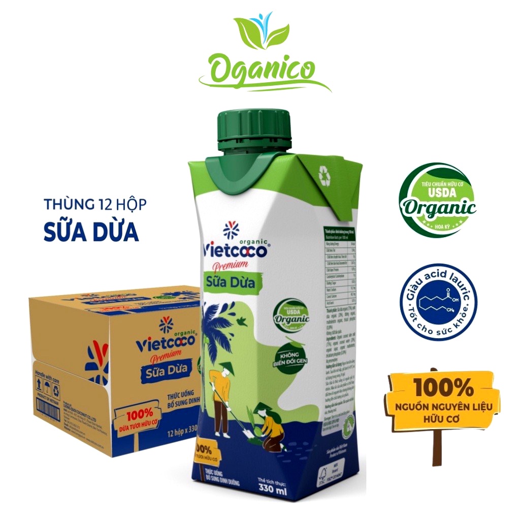 1 thùng ( 12 hộp) Sữa dừa Hữu Cơ Vietcoco hộp 330ml - Organic Coconut Milk OGANIC