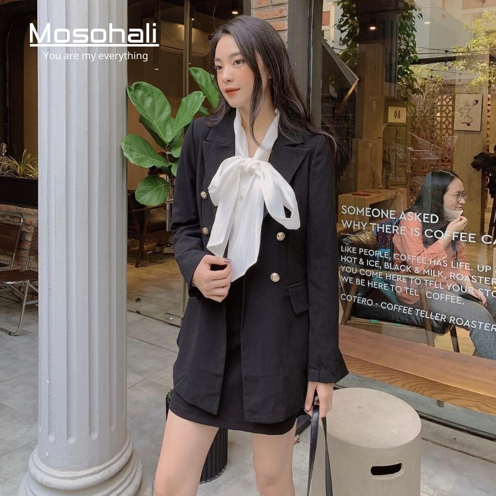 Set vest nữ Mosohali đen trơn 6 khuy set blazer nữ chân váy cạp cao (Áo vest + chân váy)
