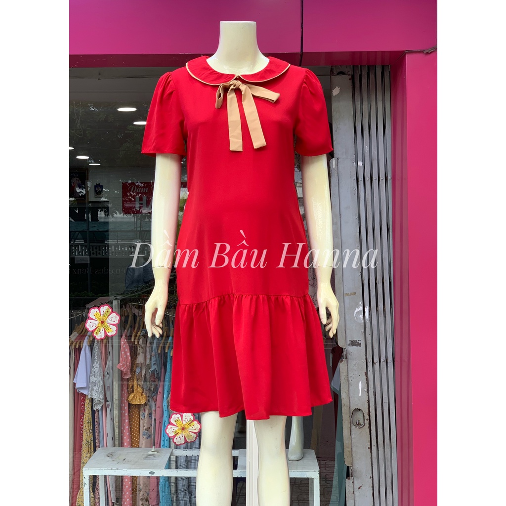 [HANNA] Đầm bầu công sở đũi mát mùa hè mềm không nhăn có size 80kg đuôi cá cổ lá sen dễ thương dài qua gối có 2 túi đầm