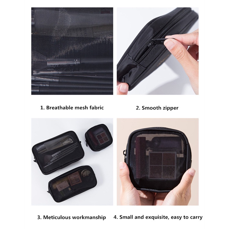 Túi Lưới Polyester Đựng Mỹ Phẩm / Đồ Trang Điểm Màu Đen Có Tay Cầm Trong Suốt Ốp