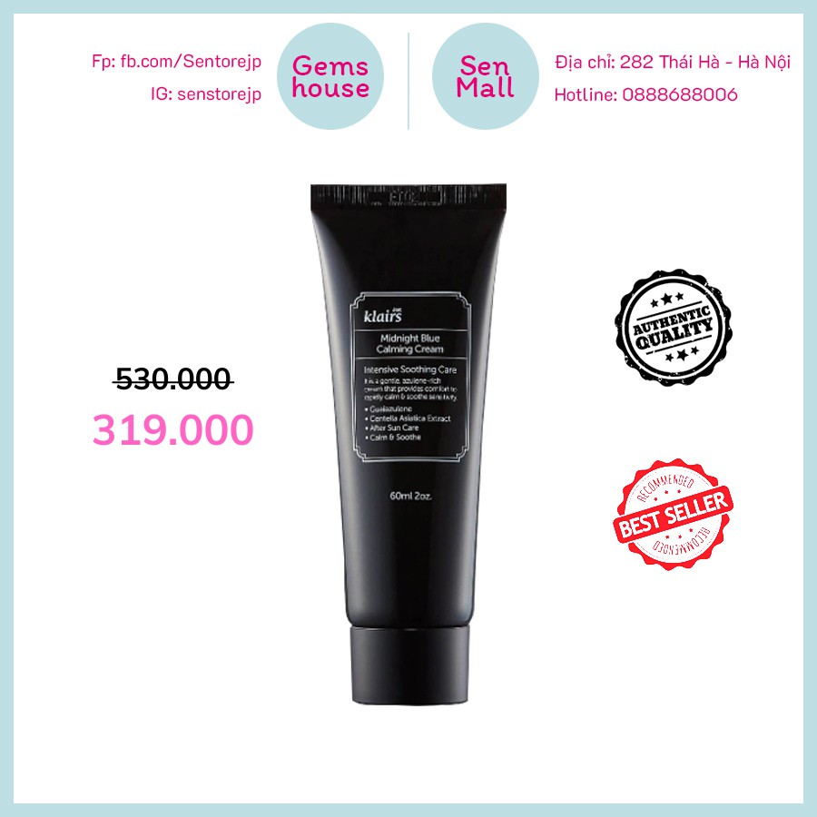[Mã SKAMA8 giảm 8% đơn 300K] (HÀNG CHÍNH HÃNG) KEM DƯỠNG KLAIRS MIDNIGHT BLUE CALMING CREAM 30ML / 60ML