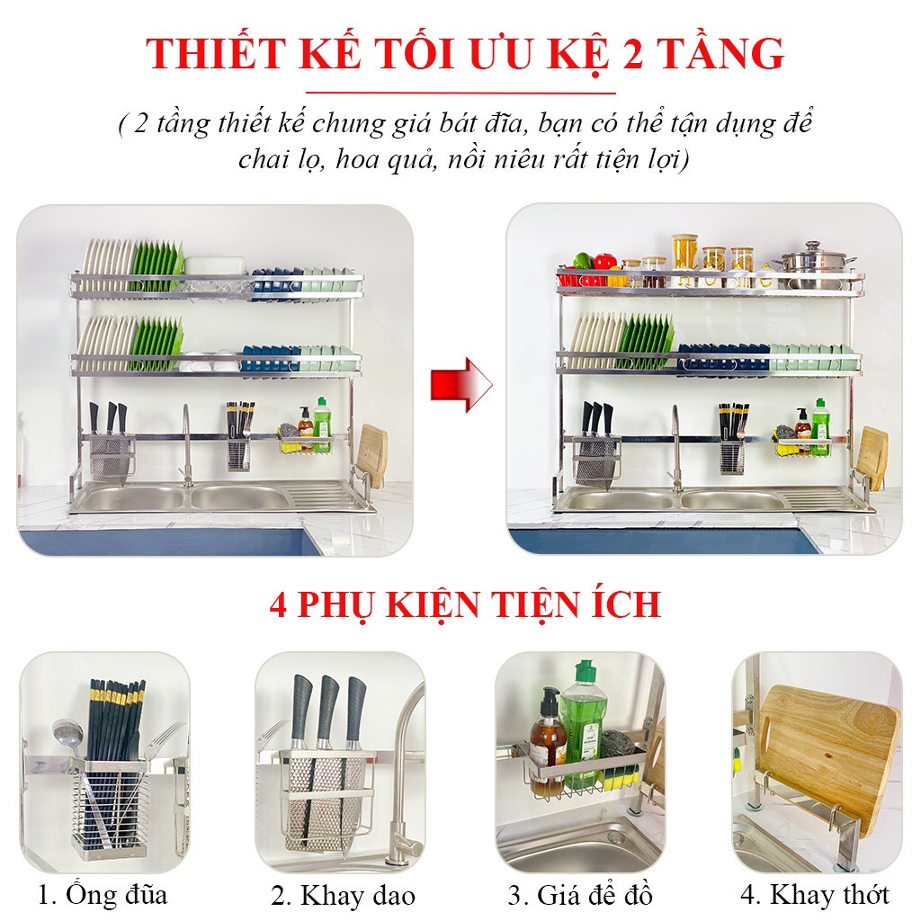Kệ Đựng Chén Bát INOX 304 Đa Năng  1 - 2 Tầng, Kệ Úp Bát Đĩa Tiện Ích Inox Cao Cấp, Siêu Bền Siêu Đẹp MKS003