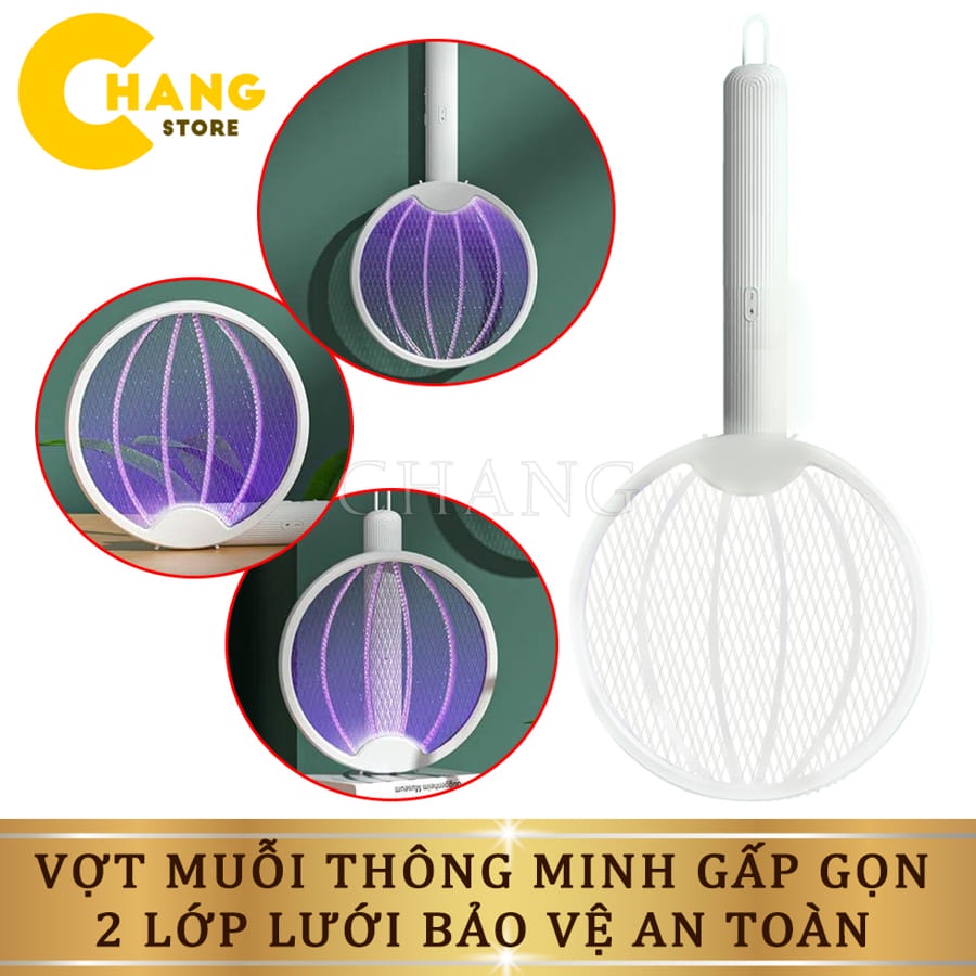 Vợt Diệt Muỗi Thông Minh Gấp Gọn 2 In 1 Kiêm Đèn Bắt Muỗi Tự Động Ban Đêm Gấp Gọn, 2 Lớp Lưới Bảo Vệ An Toàn