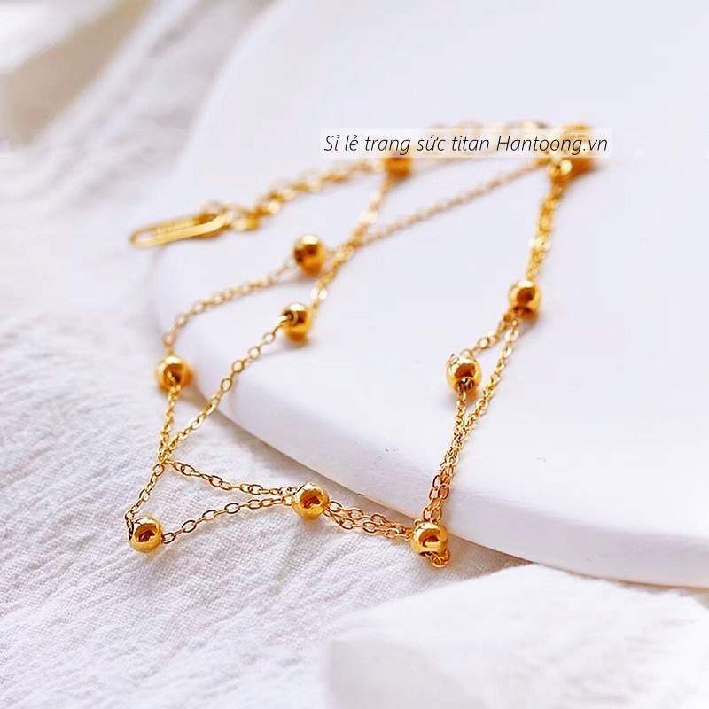 Lắc chân titan nữ không gỉ thiết kế bi tròn 2 lớp thời trang thanh lịch