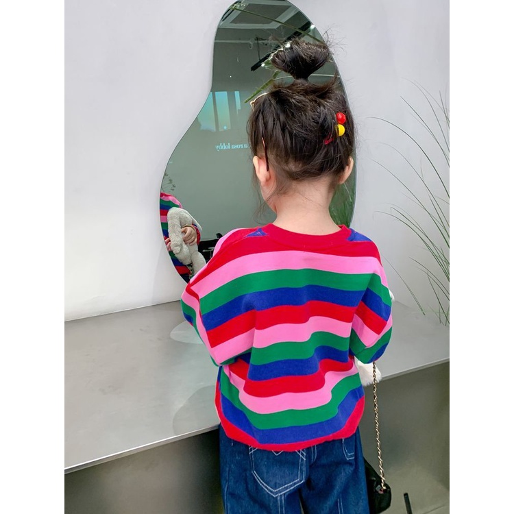 Áo Sweater Dáng Rộng Kẻ Sọc Cầu Vồng Phong Cách Nhật Hàn Thời Trang Mùa Thu 2022 Cho Bé Gái