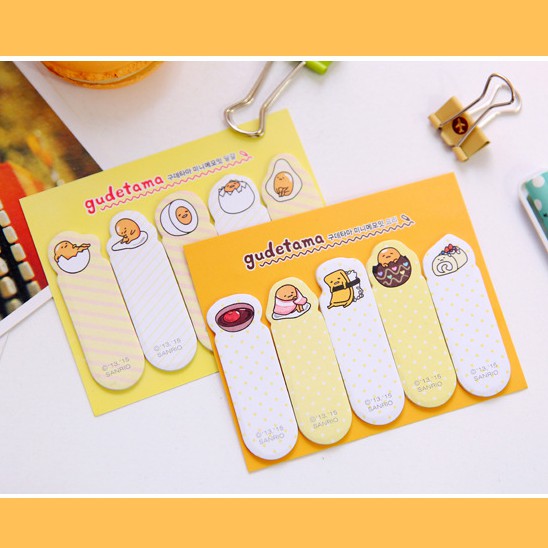 HCM - Vỉ bookmark giấy 5 tệp họat hình trứng ốp la Gudetama chặn sách kiêm ghi chú note