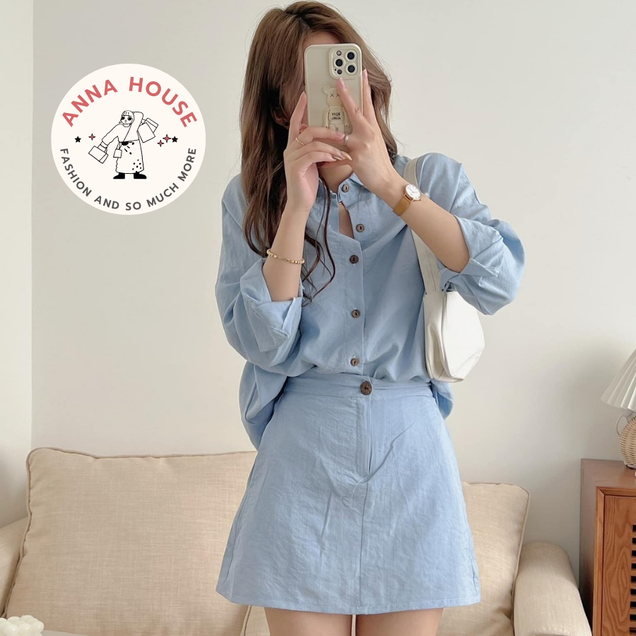 Set áo sơ mi tay dài form rộng kèm chân váy ngắn chữ A, Set đồ nữ sơ mi dáng rộng, chân váy ngắn mà xanh, đen, hồng