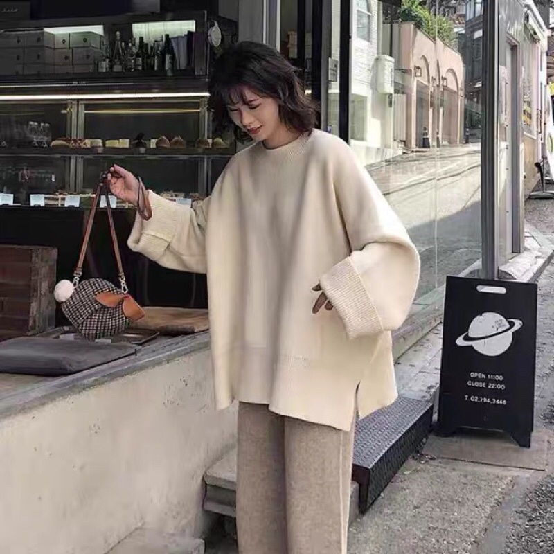 Áo len xẻ tà màu trơn dáng dài form rộng