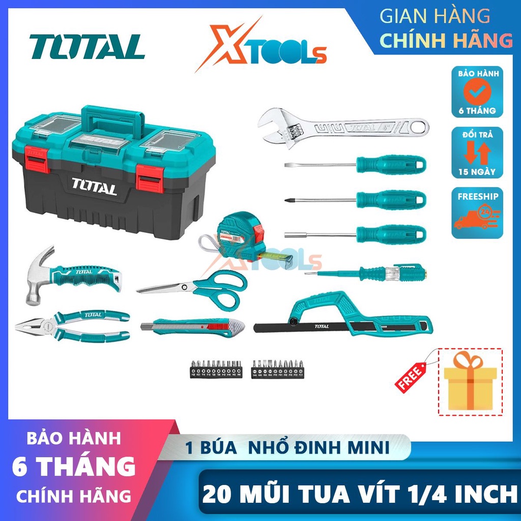 Bộ 32 dụng cụ cầm tay TOTAL THKTHP20326, hộp đựng 17inch gồm kềm, mỏ lết, tua vít, búa, khung cưa, kéo-CHÍNH HÃNG-XTOOLS