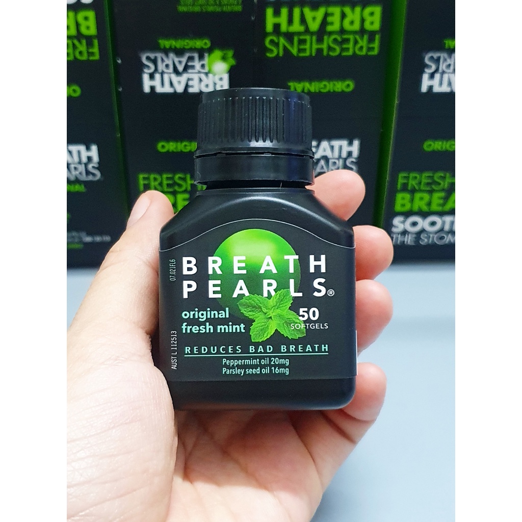 Keo uống viên bạc hà thơm miệng Breath pearls 50 viên từ úc, chống hôi miệng