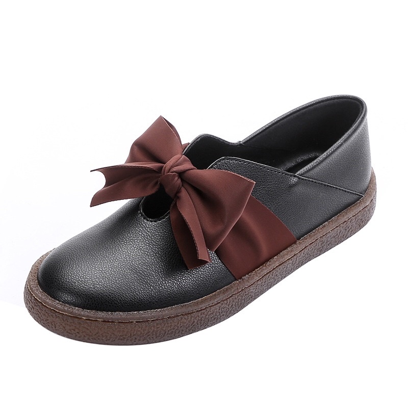 Giày Lười Nữ Búp Bê Nơ Vintage, Giày Da Đế Bằng Mũi Tròn Đẹp Thời Trang