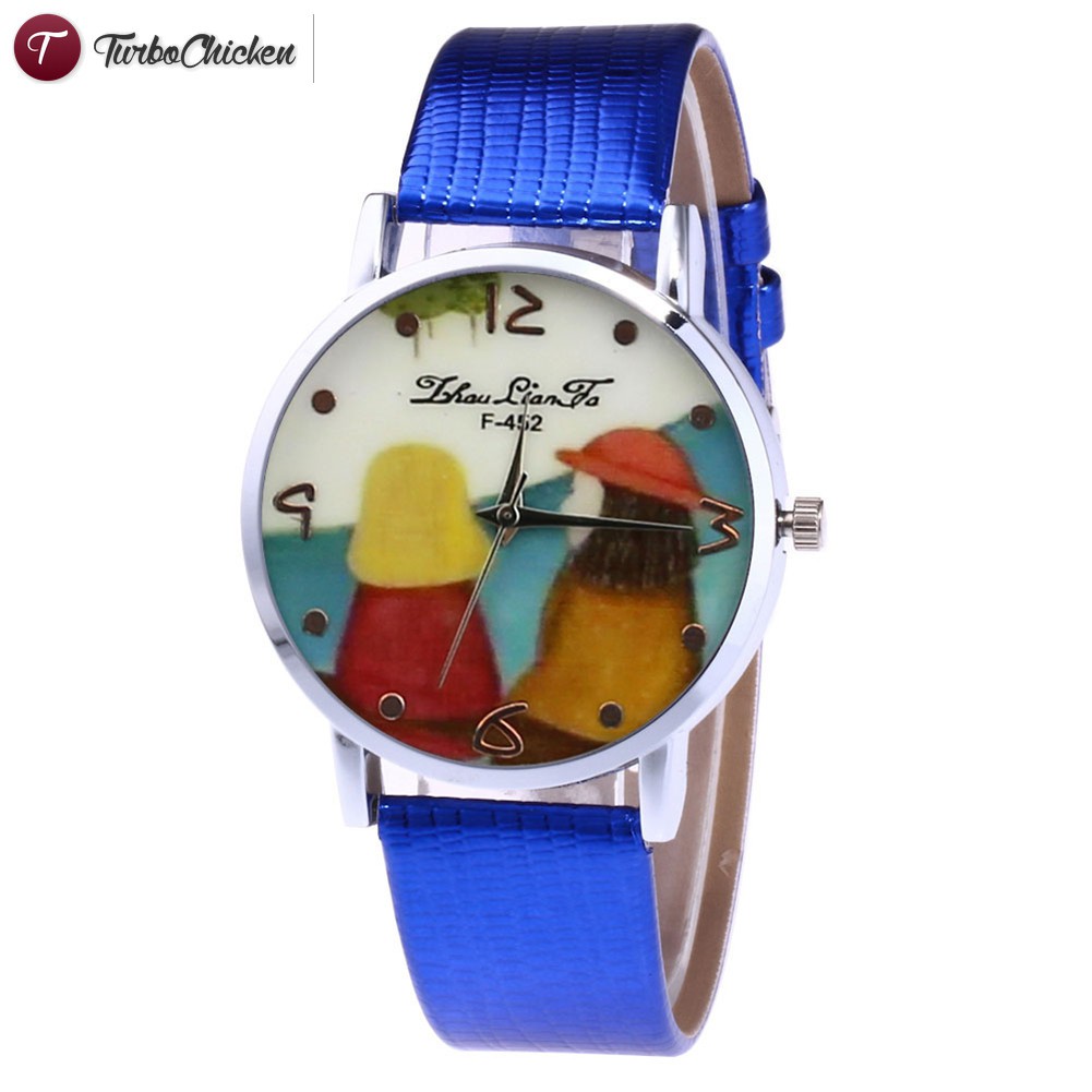 #Đồng hồ đeo tay# Fashion Couple Watches Simple Quartz Watch Leather Band Round Dial Cute Cartoon Printed Casual Watches