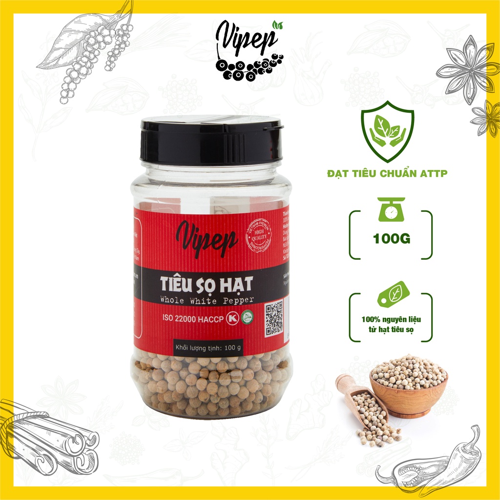 Hạt tiêu sọ trắng to Vipep 100% nguyên chất, vị thơm cay đặc trưng