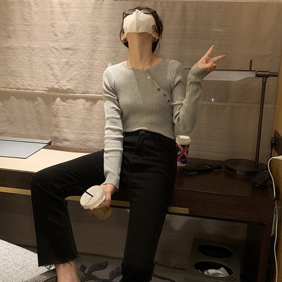 【ZHELIHANGFEI】Áo Thun Dệt Kim Tay Dài Dáng Ôm Phối Nút Chéo Dễ Phối Đồ