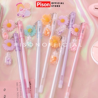 Bút móc xích mực gel hình hoa cúc và lọ ước pison, mực đen ngòi kim 0.38mm - sp0591 - 1 cái