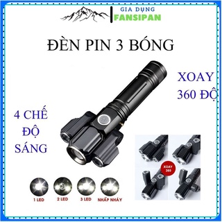 Đèn Pin Siêu Sáng Mini Tự Vệ Cầm Tay 3 Bóng Led Siêu Sáng Xoay 360 Độ, 4 Chế Độ Ánh Sáng Fansipan