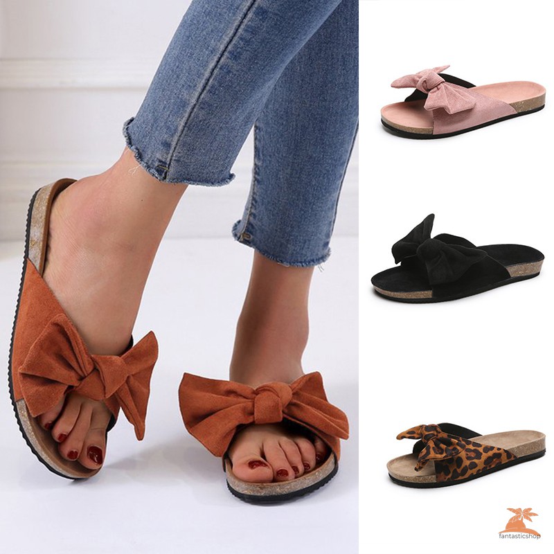 #dep Lê# Summer Women Fashion Bow Tie Flat Slipper Thick Bottom Sandals Home Beach Shoes