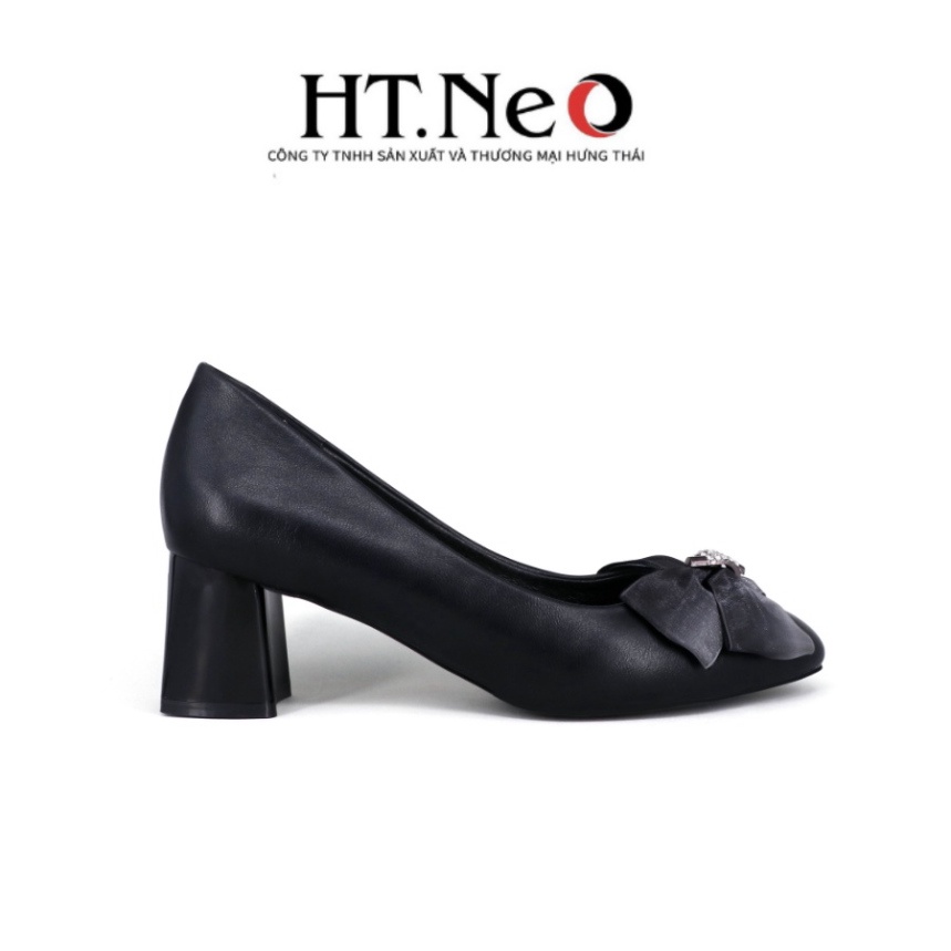 Giày cao gót vuông HT.NEO Thiết kế da bò thật mềm mại, gót cao đến 5cm, đính nơ vải nhẹ nhàng, thanh lịch CS239