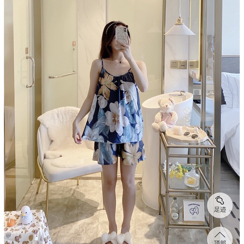 Bộ Đồ Ngủ, Bộ Đồ Mặc Nhà Chất Liệu Cotton Lanh Lụa 2 Dây Quần Đùi Hoạ Tiết Siêu Mát Size 45-75kg