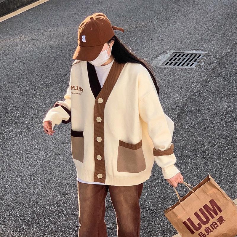 Áo Khoác Cardigan Dệt Kim Tay Dài Cổ Chữ V Dáng Rộng Thêu Chữ Phối Màu Thời Trang Vintage Dành Cho Nữ