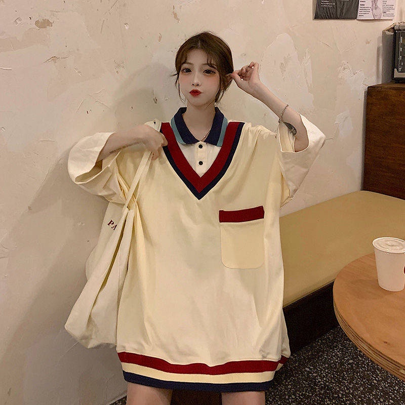 áo polo Tay Ngắn Cổ Chữ V Giả Hai Lớp Phong Cách Hàn Quốc Thời Trang Mùa Hè Cho Nữ
