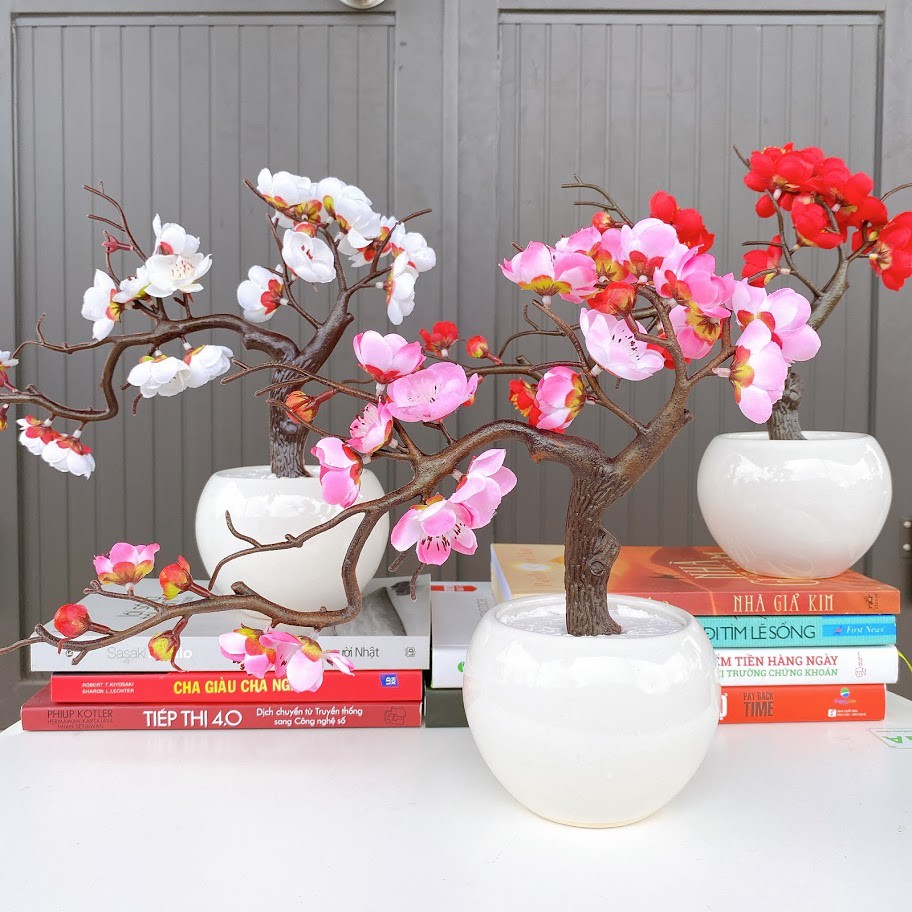 Cây đào cổ dáng bonsai (có phân loại kèm chậu) trang trí nghệ thuật 33cm - Hoa giả để bàn