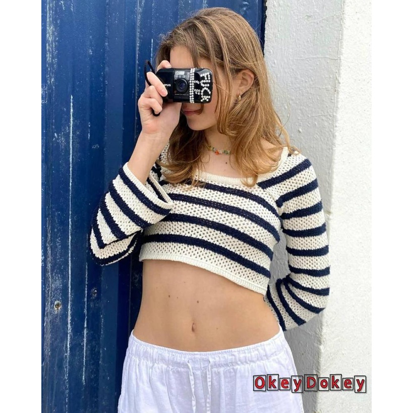 Áo Croptop Dệt Kim Tay Dài Cổ Thuyền Dáng Ôm In Họa Tiết Kẻ Sọc Xinh Xắn Cho Nữ