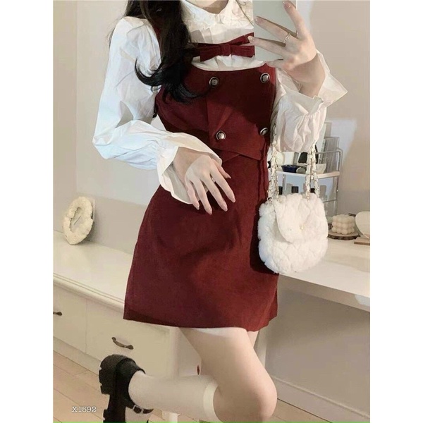 Set noel đỏ 3 món,áo sơ mi trắng, gile đỏ và chân váy đỏ siêu xinh cho bạn gái diện noel hoặc đi tiệc đi chơi siêu xinh