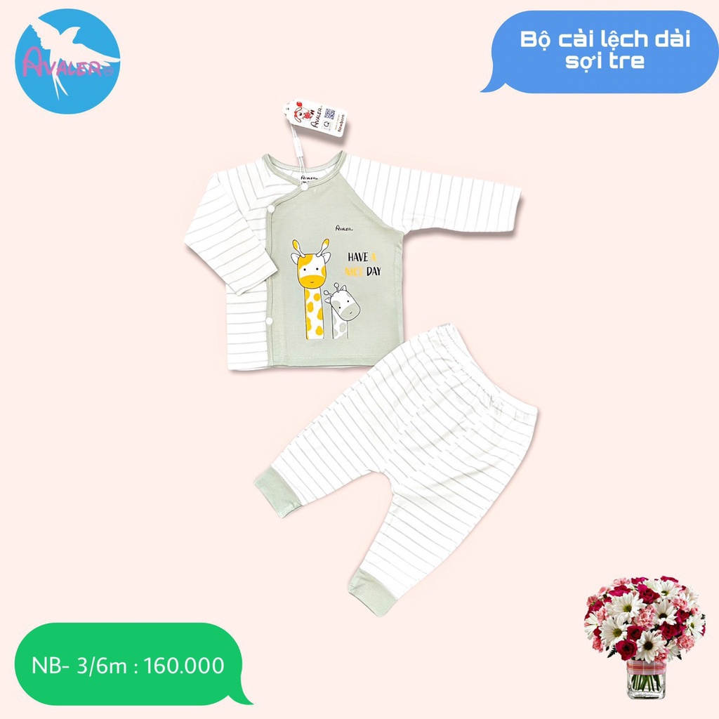 [CHÍNH HÃNG] Bộ dài tay sơ sinh sợi tre cài chéo họa tiết hươu cao cổ Avaler