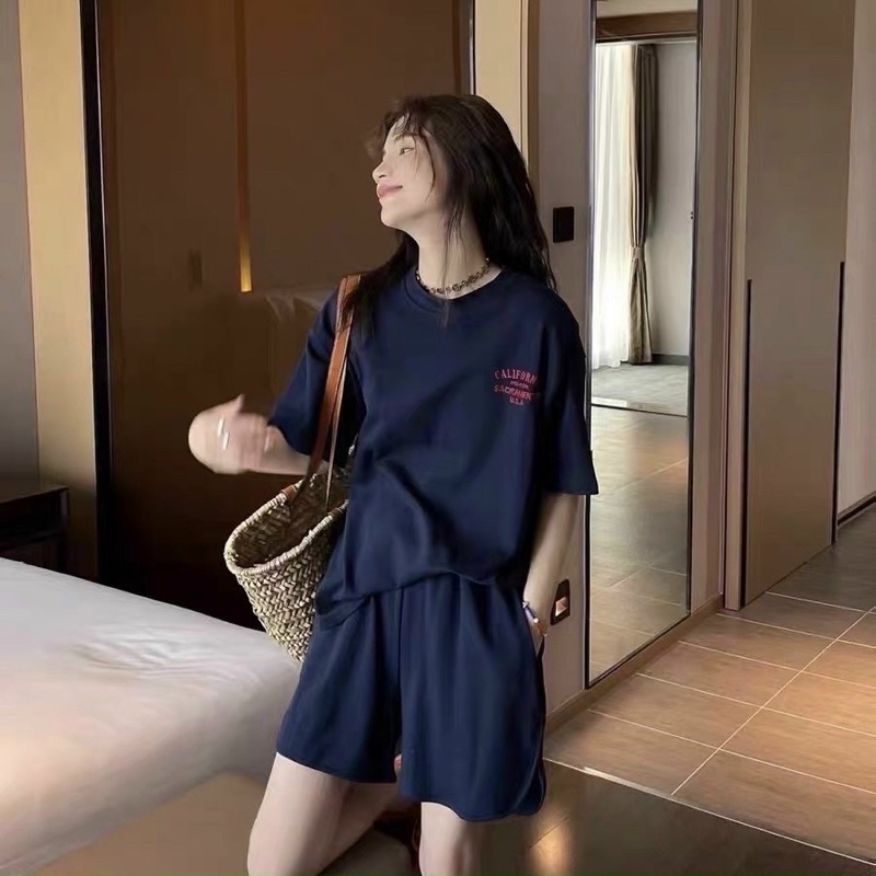 Set Bộ Đùi Short Chất Tăm Dày Đẹp Form Rộng Kiểu Dáng Unisex Nam Nữ Phong Cách Cá Tính Năng Động-Set Áo Phông Quần Short