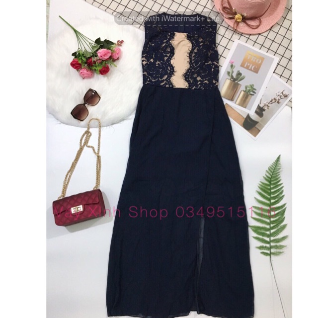 Đầm maxi dạ hội ren phối voan tùng xẻ tà ảnh chụp thật 100%