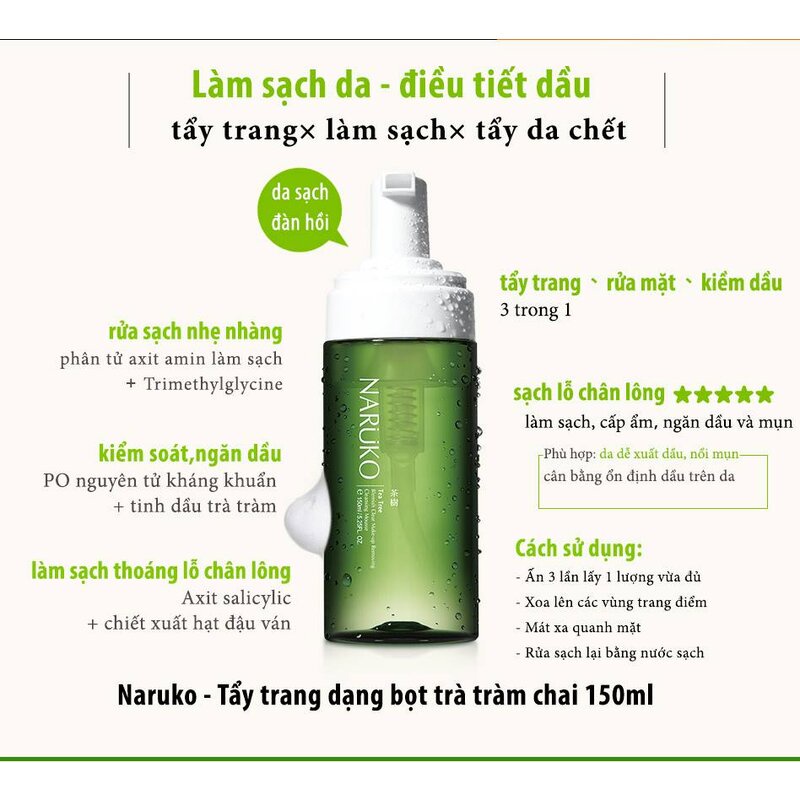 Tẩy Trang NARUKO Dạng Bọt Tràm Trà Cho Da Dầu Mụn 150ml Tea Tree Blemish Clear Makeup Removing Cleansing Mousse