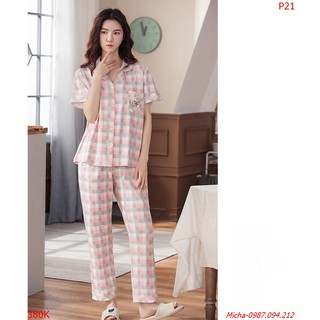 Đồ bộ pijama 💐FREE SHIP💐 Bộ pijama cotton kẻ caro hồng trang nhã