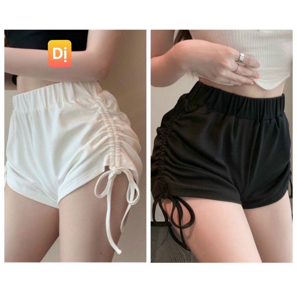 Quần Đùi Rút Dây 2 Bên Hông Cá Tính Tập Gym Nâng Mông Tôn Dáng - Quần Short Lưng Cao Rút Dây Hông Màu Đen