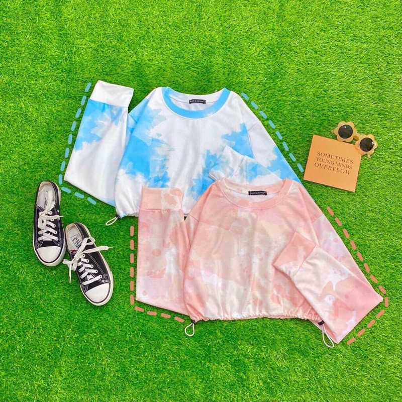 Áo Croptop Dây Rút Loang Tay Dài Ảnh Thật