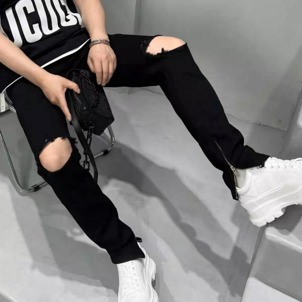 Quần jean nam rách gối to màu đen trơn chất bò cao cấp co dãn 4 đẹp rin trơn form dáng skinny PTZ.store Qj05