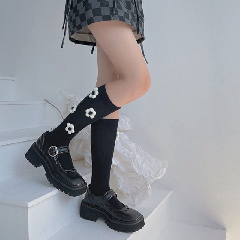 Youyo Vớ Dài Đến Bắp Chân Bằng Len Móc 3D Dễ Thương Harajuku Nhật Bản Màu Trắng Đen Hình Hoa Cho Nữ Sinh St